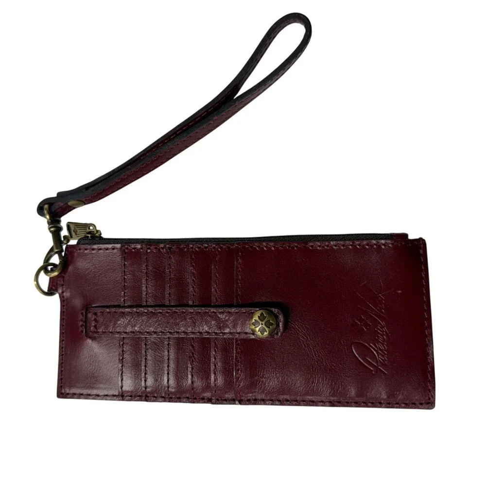 Patricia Nash Burgundy Leather Slim Wristlet Wallet Card Holder ID Window